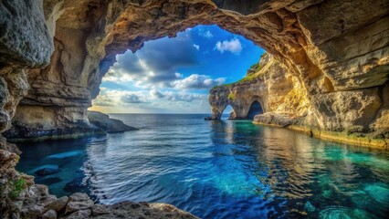 Fototapeta premium Natural Arch Window in Blue Grotto Caverns, oceanic scene, Malta, oceanic scene