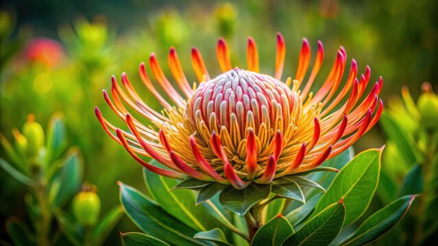 Vibrant Madiba protea flower blooming on a lush green grassy surface with intricate patterns and veins , greenery