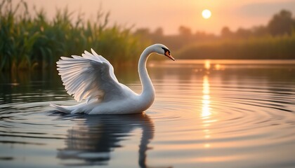 Fototapeta premium Elegant Swan Swimming in Lake at Sunset with Golden Reflections