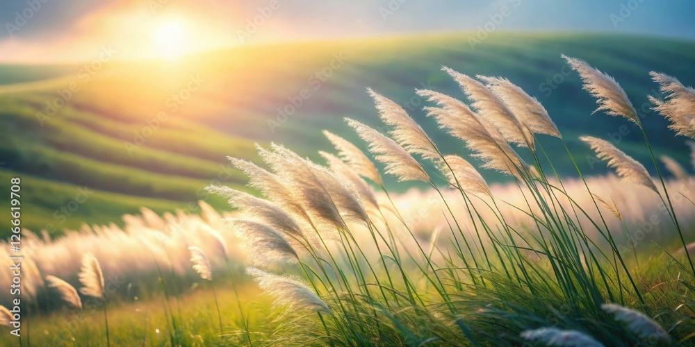 Poster golden hour serenity a field of windswept grasses basking in the warm glow of the setting sun