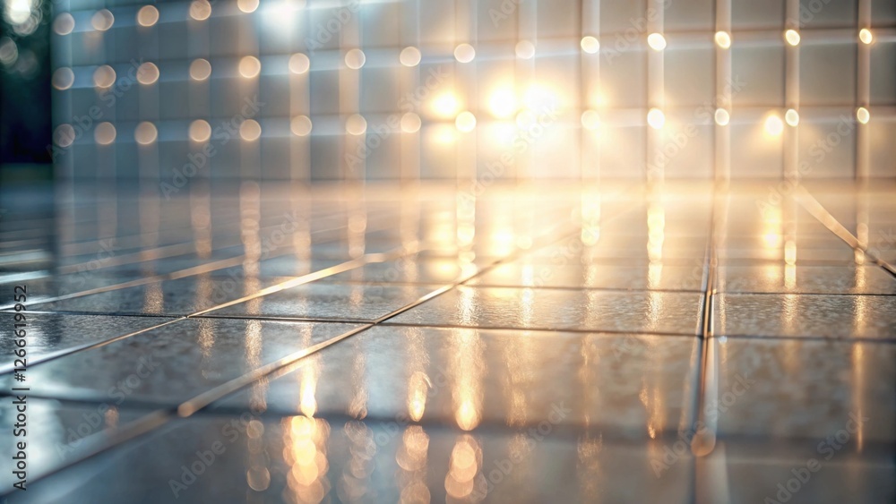 Poster reflective tile floor illuminated by warm ambient lighting with a subtle grid pattern in the backgro