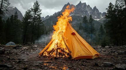Burning Tent in Majestic Mountain Scenery