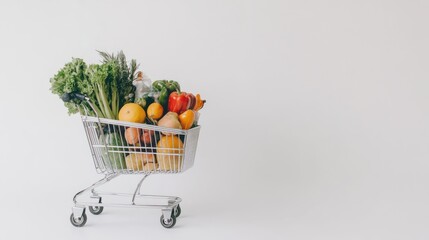 A shopping cart filled with fresh fruits and vegetables against a plain background.