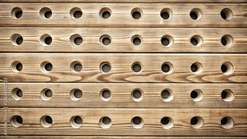 Aufkleber rustic wooden panel with regularly spaced circular cutouts, ideal for interior design and architectu