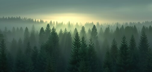Misty forest at sunrise with tall coniferous trees and soft lighting.