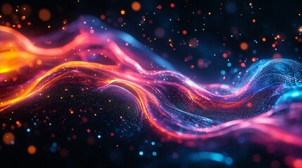 Fototapeta premium Colorful Abstract Waves with Light Particles on Dark Background