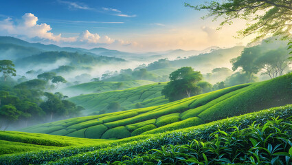 Obraz premium Vibrant Tea Plantation Landscape with Rolling Emerald Hills, Misty Atmosphere, and Soft Sunlight