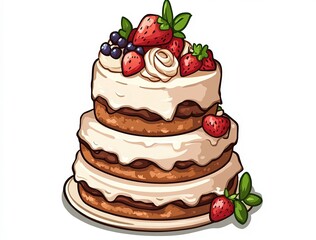 Delicious three-tier cake topped with fresh fruit and cream