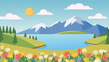 Obraz premium Breathtaking view of a vibrant flower field on a hill overlooking a serene blue lake and majestic mountains in a picturesque landscape