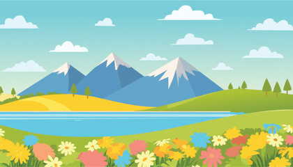 Breathtaking blooming flower field on a serene hill overlooking a majestic mountain and tranquil blue lake nature landscape photography vibrant scenery for outdoor enthusiasts