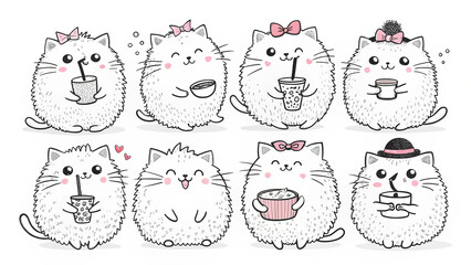 Cute cartoon cats with different drinks. Each cat is depicted with a pink bow and different drinks like coffee and tea. They are all looking happy and content