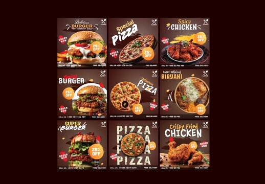 Editable Social Media Posts Set of Fast Foods with Discount Offers Placeholders for Restaurants, or Cafes.