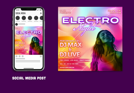 Electro Night Party Editable Social Media Post of Upcoming Party Events for Night Club, Disco or Bars.