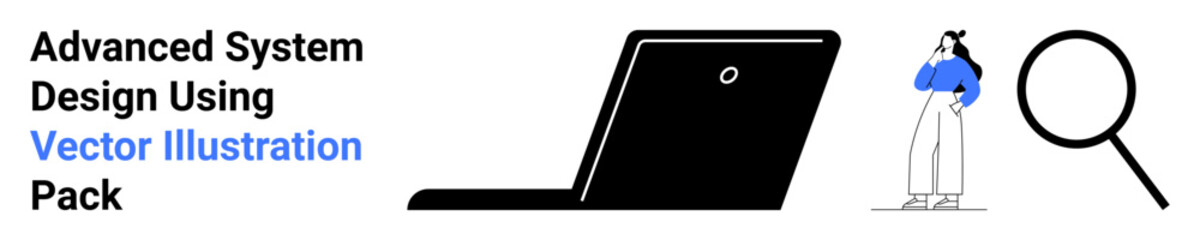 Woman in thoughtful pose near laptop and large magnifying glass. Ideal for system design, search analysis, research, technology, innovation, education, marketing, flat landing page banner