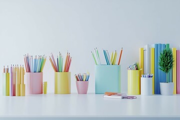 Fototapeta premium School supplies on white table. Back to school concept