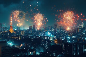 Tokyo Skyline with Fireworks