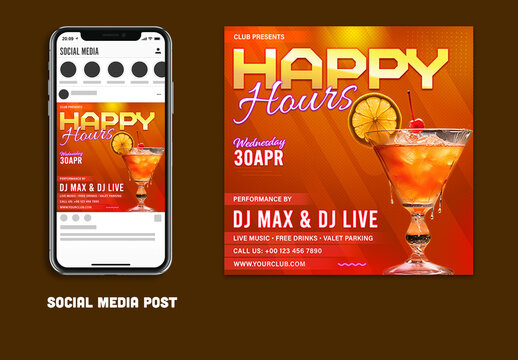 Happy Hours Party Editable Social Media Post of Upcoming Party Events for Night Club, Disco or Bars.