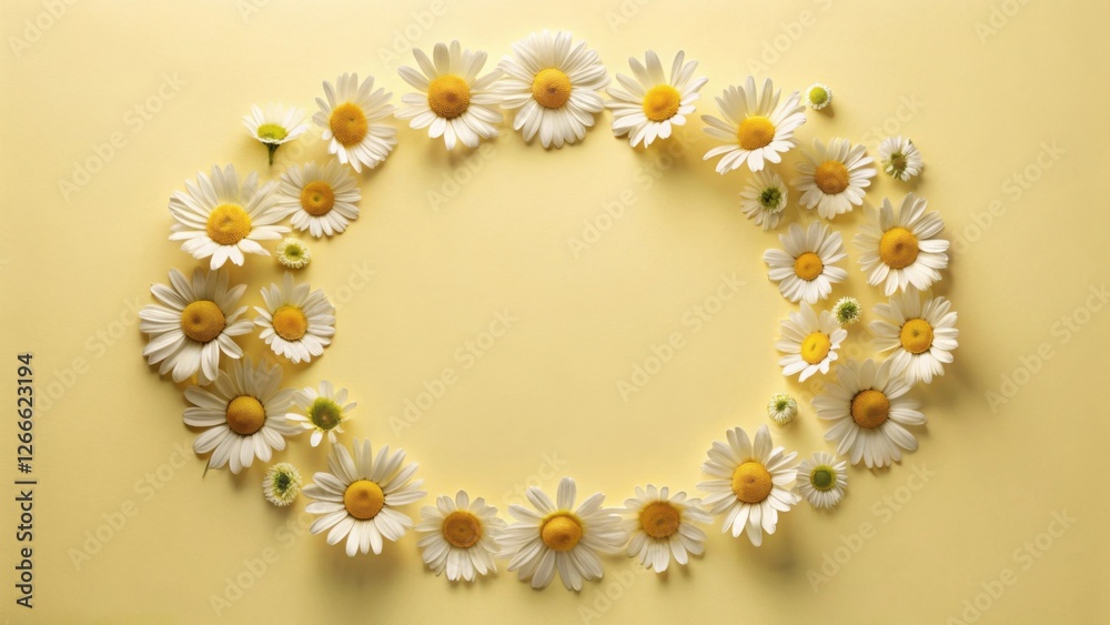 Poster a pastel yellow backdrop features a circular arrangement of delicate daisies, creating a charming an
