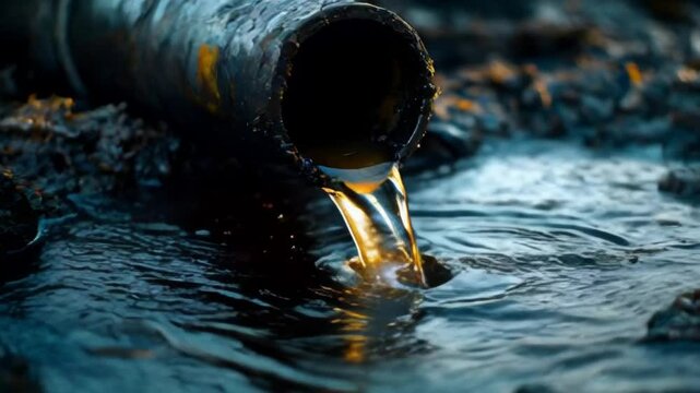 Pollution concept. Water flowing from dirty tab into pulluted.