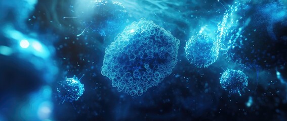 Fototapeta premium 3D render of blue glowing cells and connections inside the human brain or interaction between neurons, abstract background for scientific concept