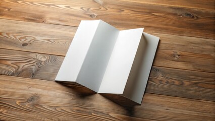 Fototapeta premium Blank Tri-Fold Brochure Mockup on Rustic Wooden Surface, Ideal for Design Presentations and Advertising Material Displays