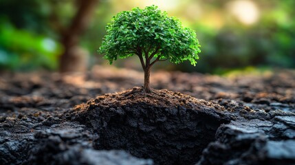 A small tree sapling thrives in dark, rich soil, symbolizing growth and environmental conservation.