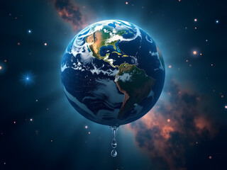 Fototapeta premium One Earth, One Chance: A powerful wallpaper showing Earth floating in space with a single teardrop falling from it, symbolizing the urgency of protecting our only home.