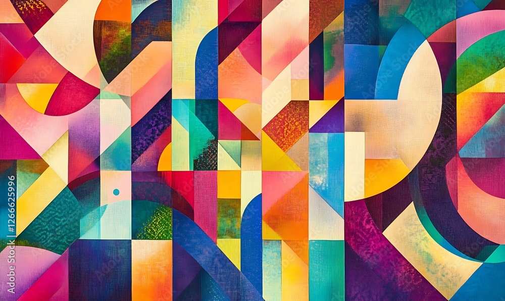 Poster a vibrant abstract composition with colorful geometric shapes and patterns in a bold design