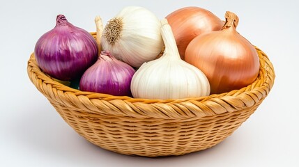 Decorative Wicker Basket Holding Onions and Garlic on Clean White Background Close Up