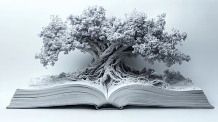 A grayscale 3D rendering of a tree growing from an open book, symbolizing knowledge and growth.