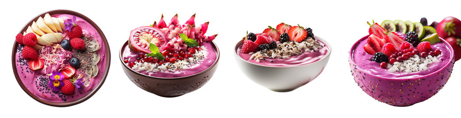 Set of wholesome tropical fruits smoothie bowls.