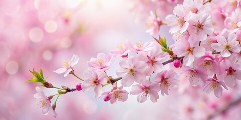Obraz premium delicate pink cherry blossoms in full bloom on a soft white paper background with subtle texture , pink flowers, soft background