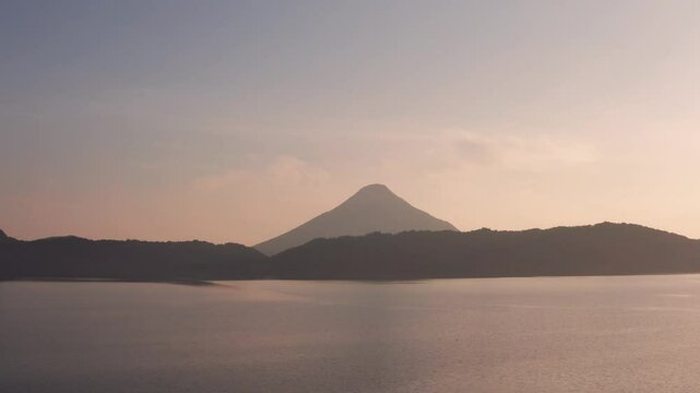 Aerial Sunset View Over Lake Ikeda in Kagoshima, Japan