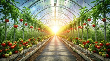 A sunlit greenhouse pathway lined with rows of vibrant, ripening tomatoes, showcasing the beauty and abundance of controlled environment agriculture