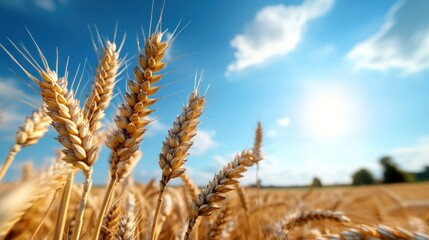 Golden wheat field, sunny day, rural landscape, harvesting