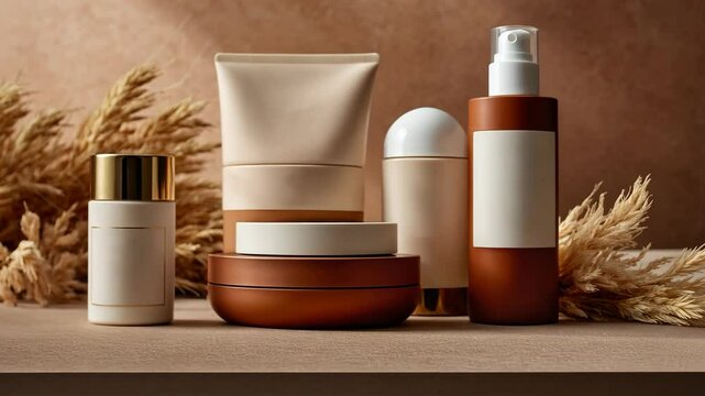 Video footage of collection neutral toned skincare products, including a tube, jar, pump bottle, and roll on bottle, arranged aesthetically on a natural, earthy background