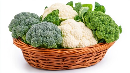 Vegetable Basket Displaying Fresh Broccoli and Cauliflower on White Surface