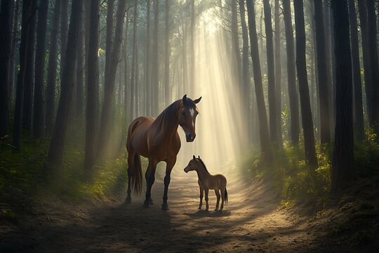 An enchanting view of a mare and her foal exploring an ancient forest path, with beams of light filtering through the tall trees.