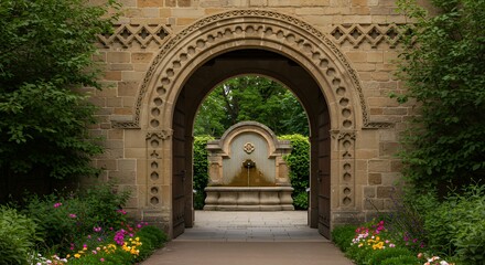 Fototapeta premium Stone Archway Framing Fountain in Lush Garden with Flowerbed Details