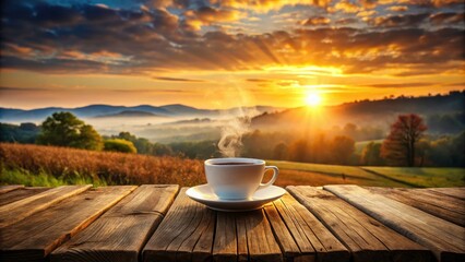 Sunrise Coffee Panorama: Wooden Table, Warm Morning Coffee Cup Photography