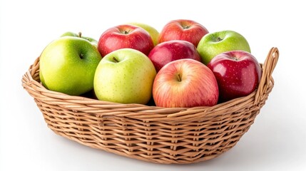 Wicker Basket Overflowing with Fresh Red and Green Apples on White Background