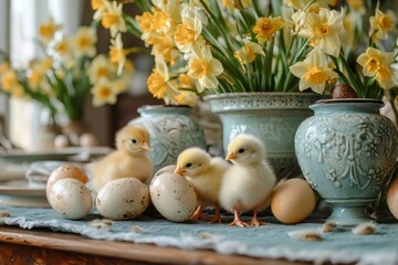 Fluffy Chicks Exploring Among Spring Flowers and Eggs