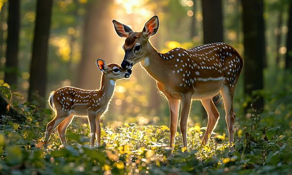 Forest deer fawn mother sunlight nature love wildlife