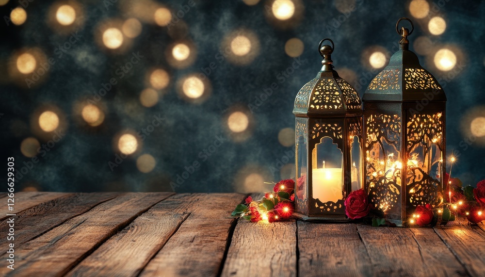 Poster ornate metal lanterns with lit candles on rustic wooden table against bokeh lights background