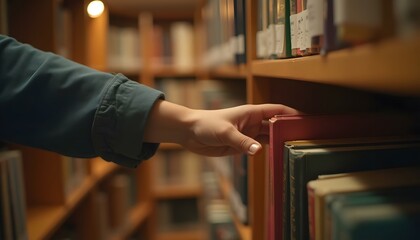 Hand Selecting Book in Library Bookshelf