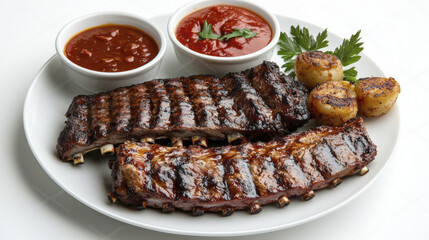 Delicious grilled ribs served with barbecue sauce and garnished with herbs