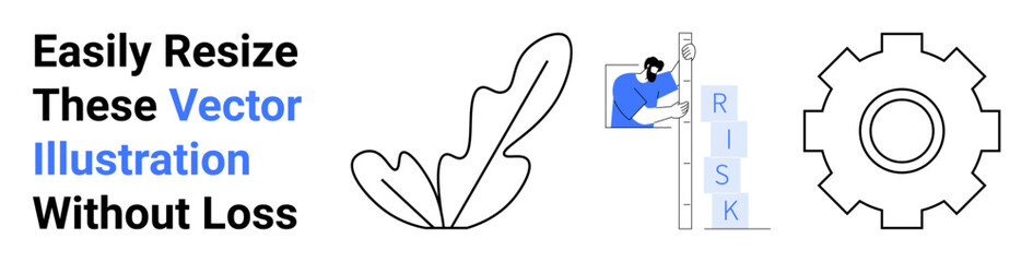 Stylized icons of a leaf, a gear, and a figure climbing a risk indicator. Ideal for innovation, process improvement, sustainability, planning, growth, productivity and flat landing page banner