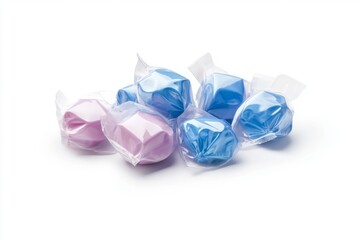 Fototapeta premium Colorful geometric candy pieces wrapped in transparent wrappers are arranged artistically. These delightful treats are perfect for celebrations and gifts. Generative AI