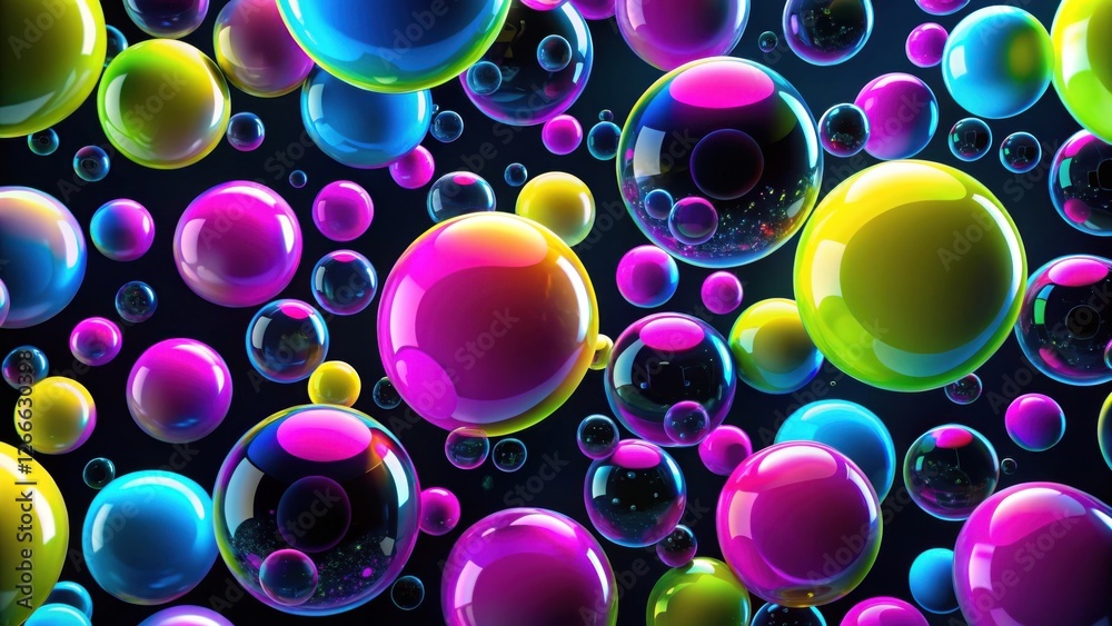 Poster A vibrant collection of iridescent spheres floating in a dark void, showcasing a spectrum of bright colors and reflective surfaces
