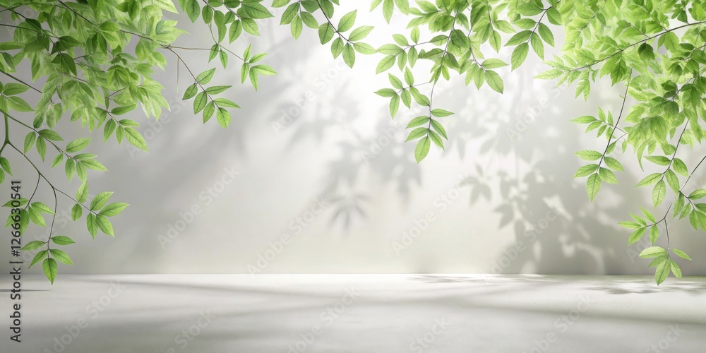 Poster Serene Minimalist Studio Scene with Overhanging Green Branches Casting Soft Shadows on a Light Surface
